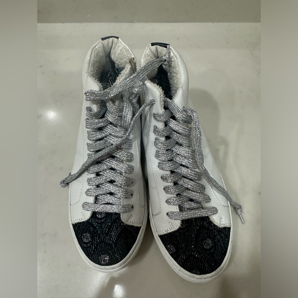 P448 White and Black High-Top Sneakers With Patterned Toe